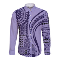 Purple long-sleeve button shirt with ornate geometric Polynesian print, front view