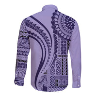 Purple long-sleeve button shirt with ornate geometric Polynesian print, back view