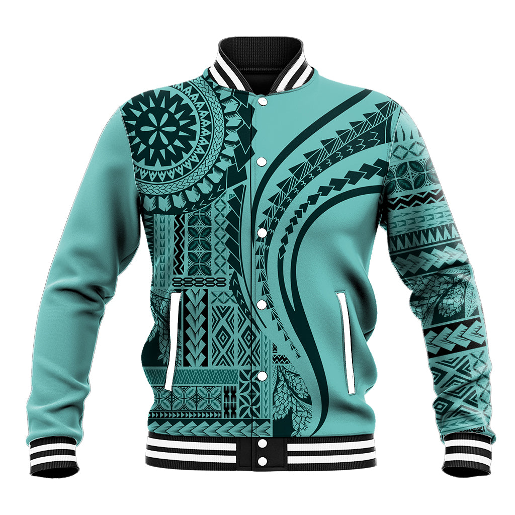 Turquoise baseball jacket with black ribbed collar, snap buttons, and tribal pattern