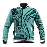 Turquoise baseball jacket with black ribbed collar, snap buttons, and tribal pattern