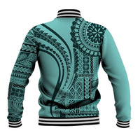 Turquoise baseball jacket back with ribbed waistband, striped cuffs, and tribal graphics