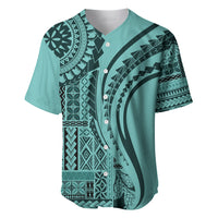 Turquoise baseball jersey with V-neck, button front, and tribal geometric print