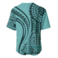 Turquoise baseball jersey back with tribal geometric print and curved stripe motif