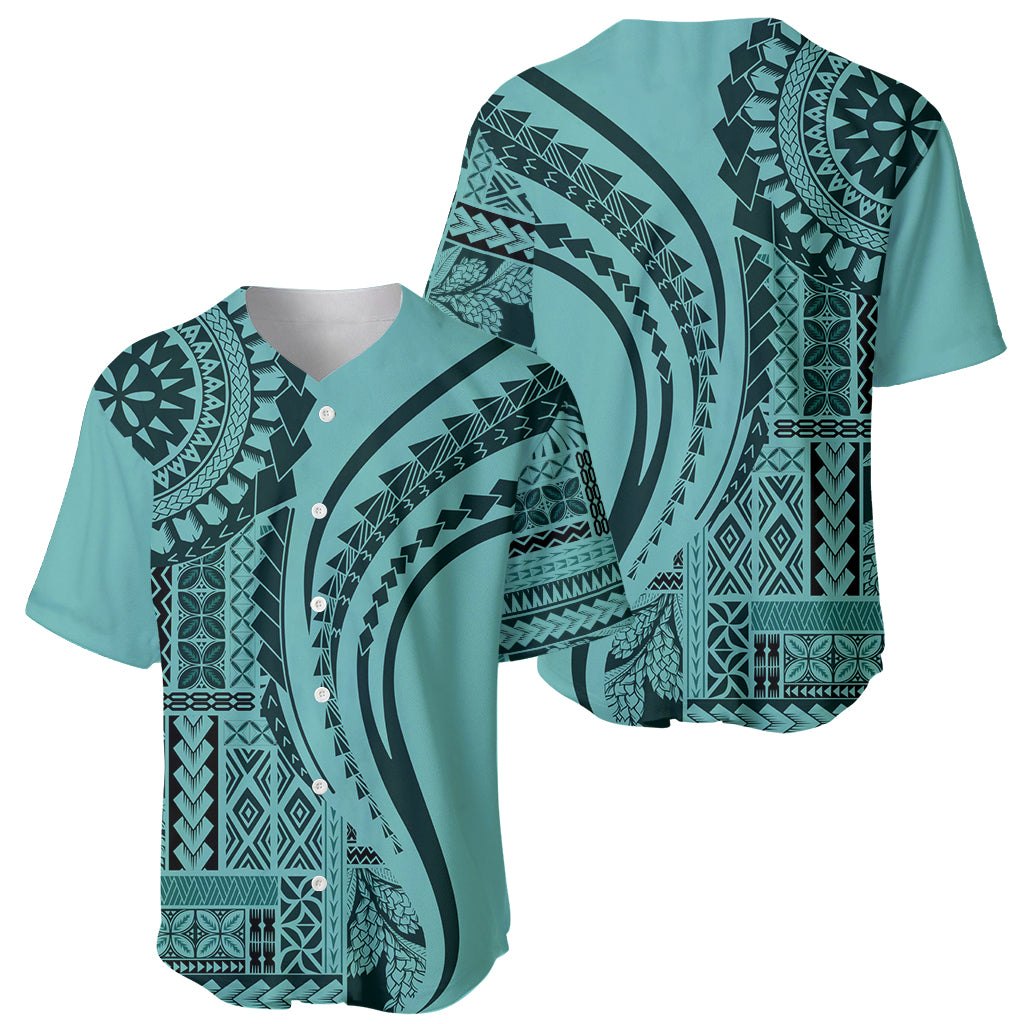 Turquoise baseball jersey with V-neck buttons and large abstract tribal swirl graphic
