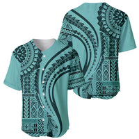 Turquoise baseball jersey with V-neck buttons and large abstract tribal swirl graphic