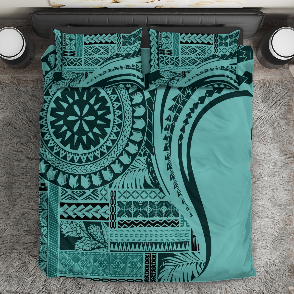 Turquoise patterned duvet cover set with matching pillow shams, bold tribal circular motifs