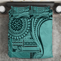Turquoise patterned duvet cover set with matching pillow shams, bold tribal circular motifs