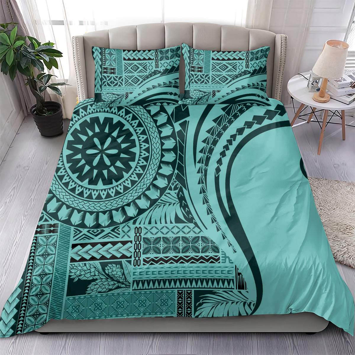 Turquoise bedding set with duvet and two pillow shams featuring geometric tribal print