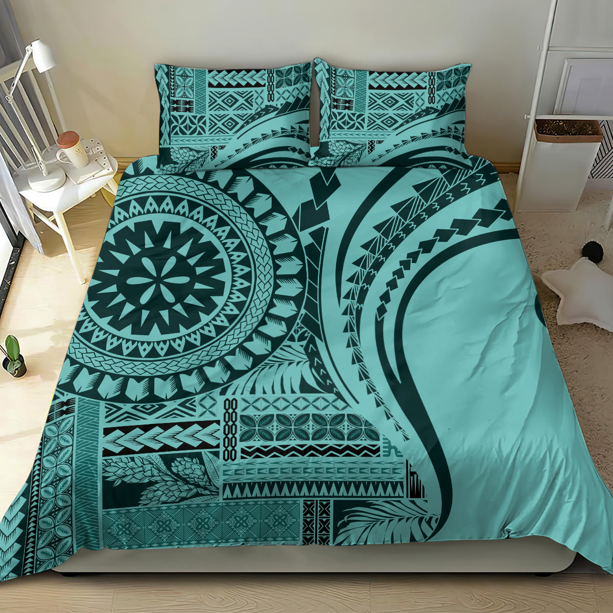 Turquoise bed linen set with duvet and two shams, tribal geometric print in teal