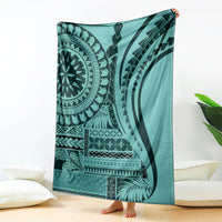 Turquoise art blanket with black geometric floral mandala and wave designs
