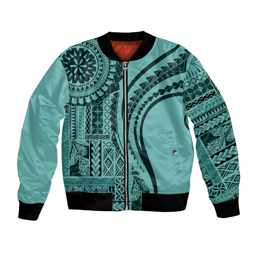 Turquoise bomber jacket with Polynesian siapo print, front zipper, black rib trim