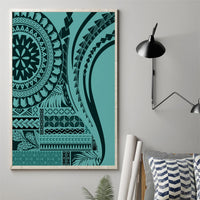 Turquoise tribal canvas wall art with large circular motif and arch pattern, framed
