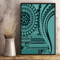Turquoise framed canvas wall art with ornamental circular design and patterned bands