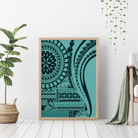 Turquoise canvas wall art in wooden frame with bold circular motif and tribal stripes