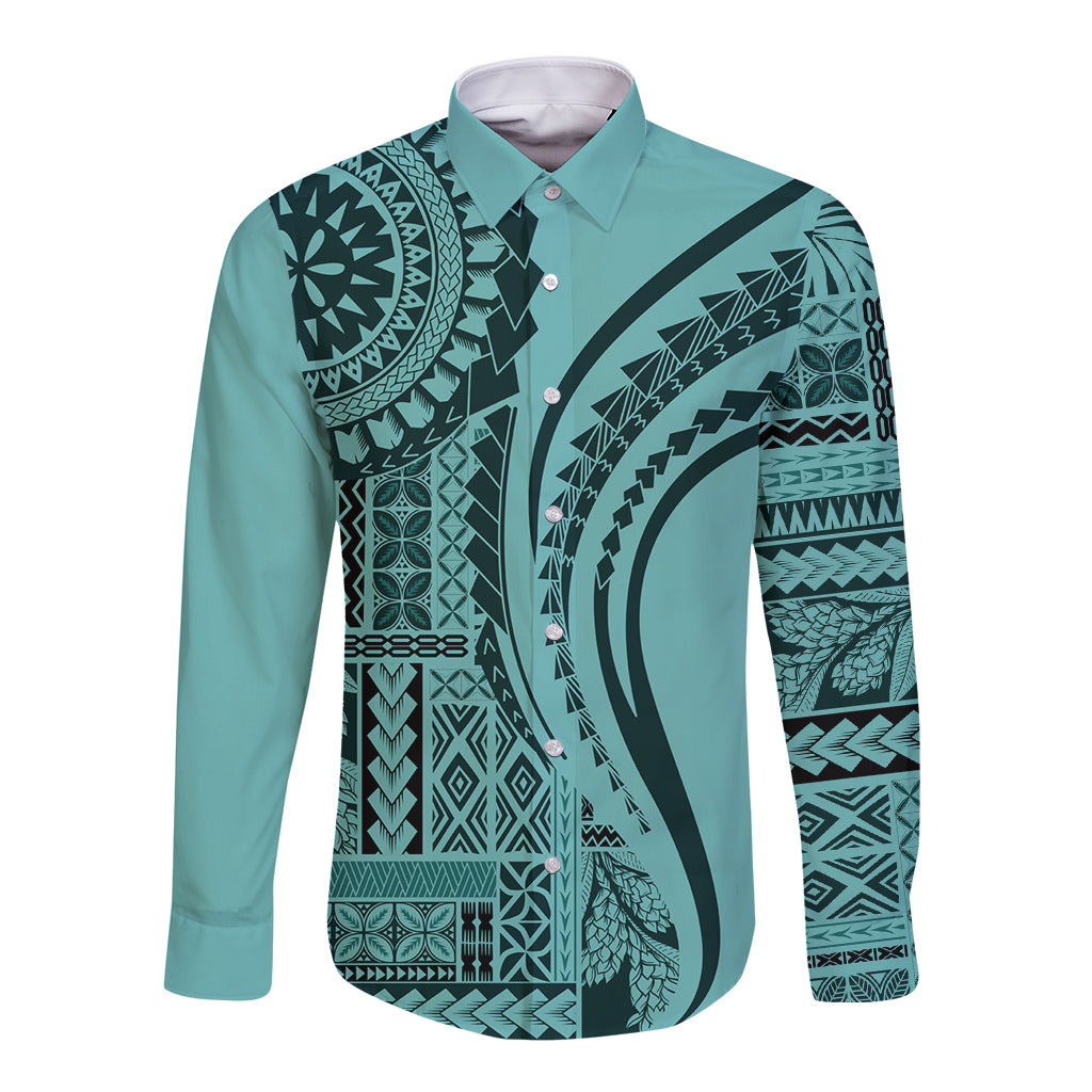 Turquoise long-sleeve button shirt with bold dark tribal print front