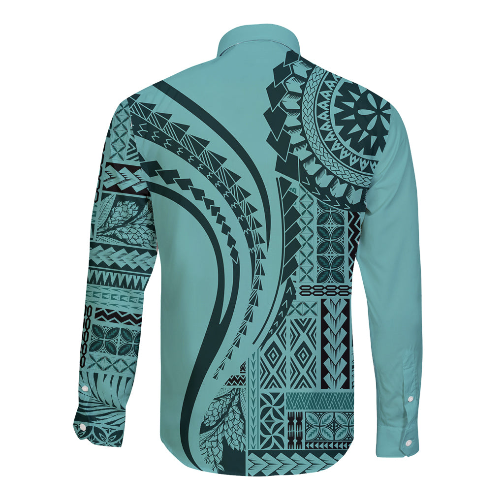 Turquoise long-sleeve button shirt with dark tribal print on back