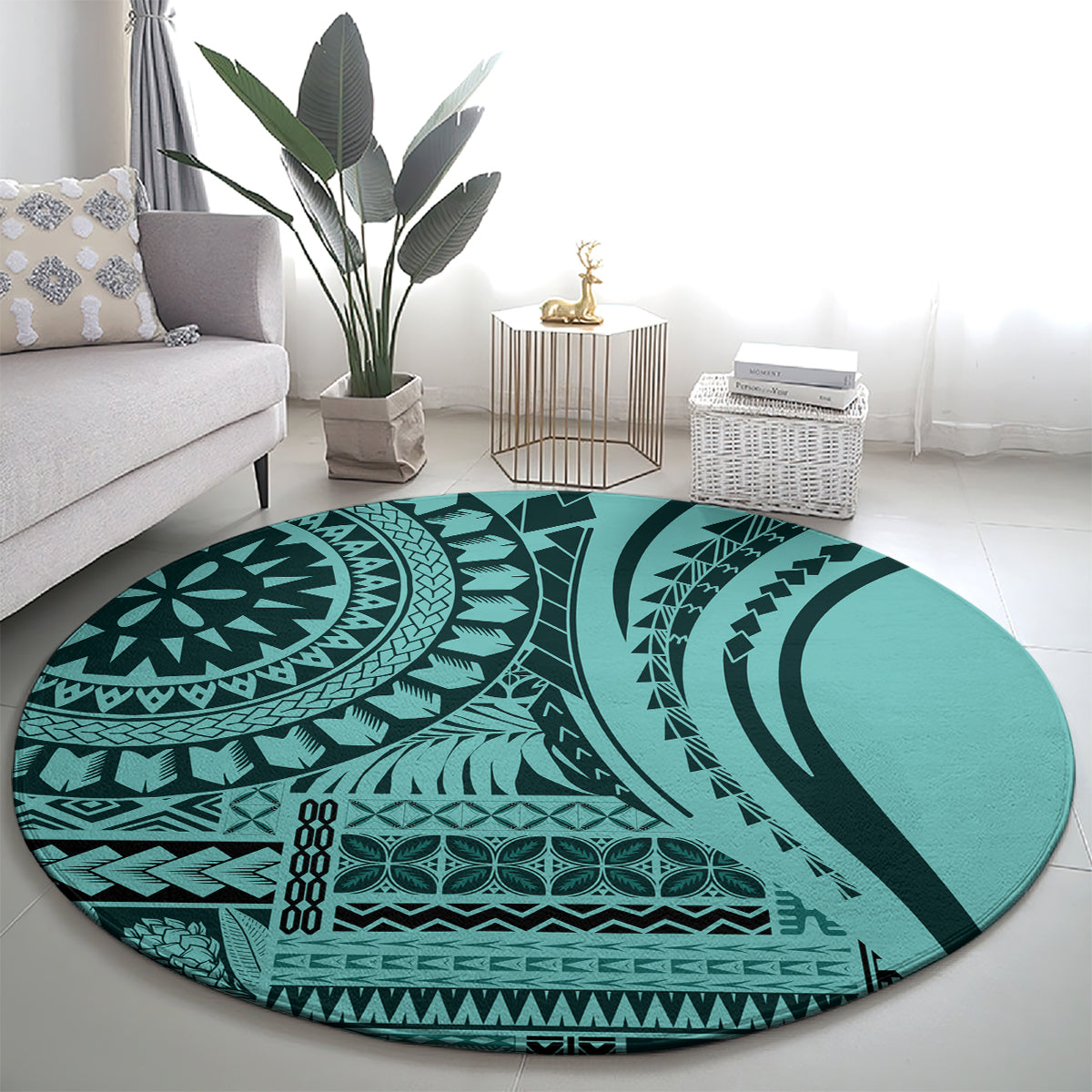 Round turquoise patterned carpet with bold dark teal medallion and curved stripe designs