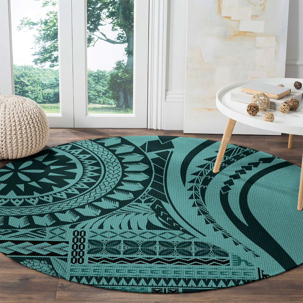 Round turquoise carpet with dark teal geometric bands and circular tribal motifs