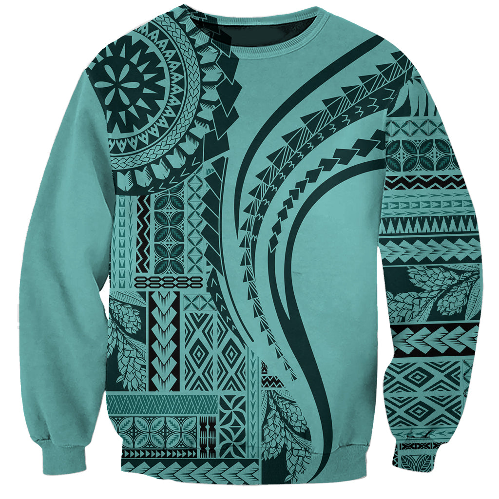 Turquoise unisex sweatshirt with large Polynesian pattern print front and back