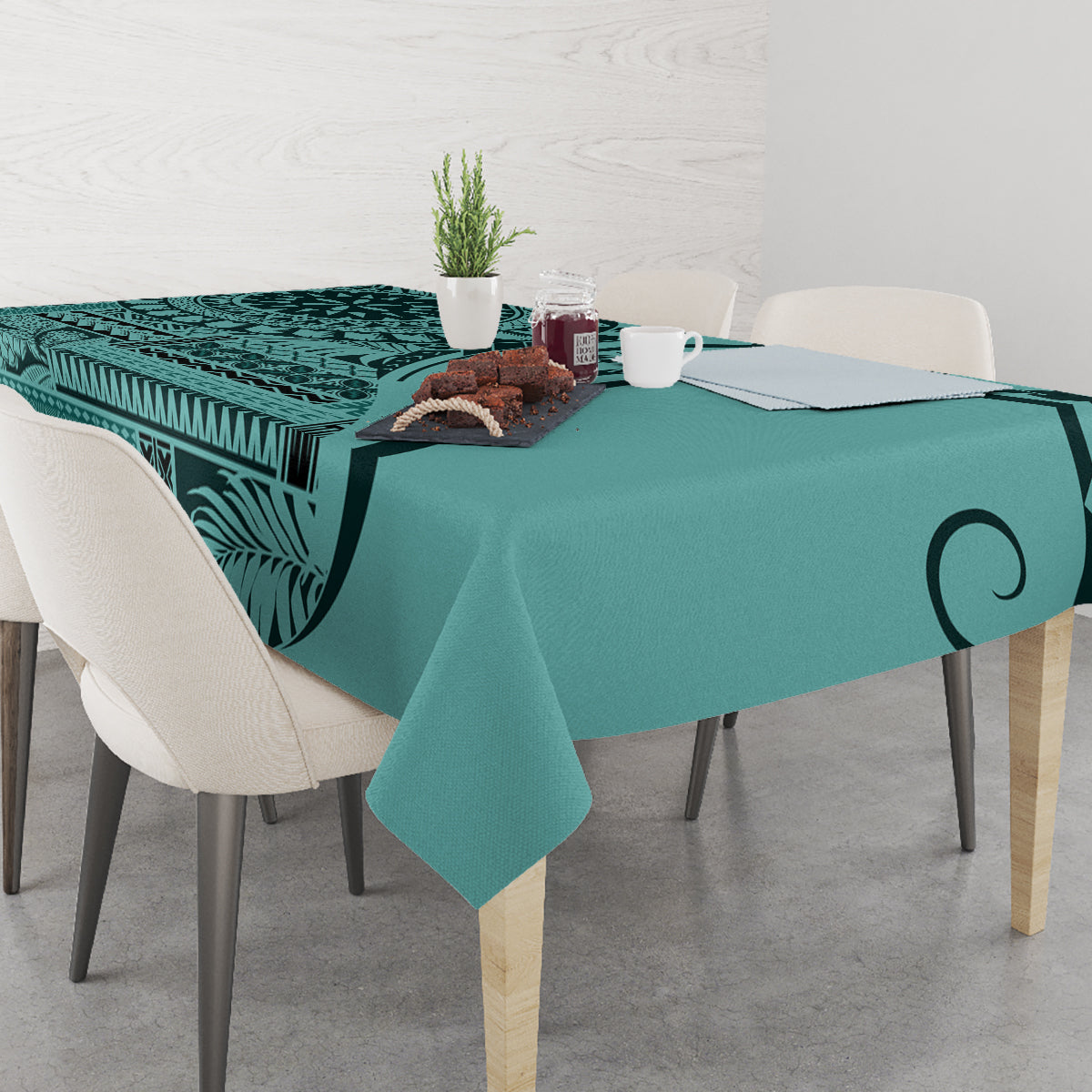 Turquoise tablecloth with leaf and geometric design, table-length drape with corners