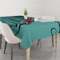 Turquoise tablecloth with leaf and geometric design, table-length drape with corners