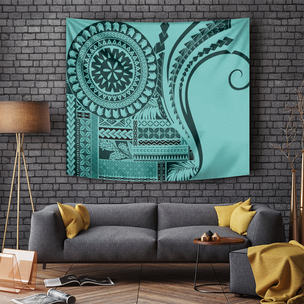 Turquoise Samoan siapo tapestry with bold circular tribal patterns and geometric motifs.