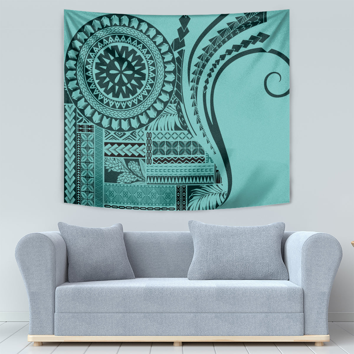 Turquoise siapo tapestry with dark-green circular motif, tribal stripes, and ornamental blocks.