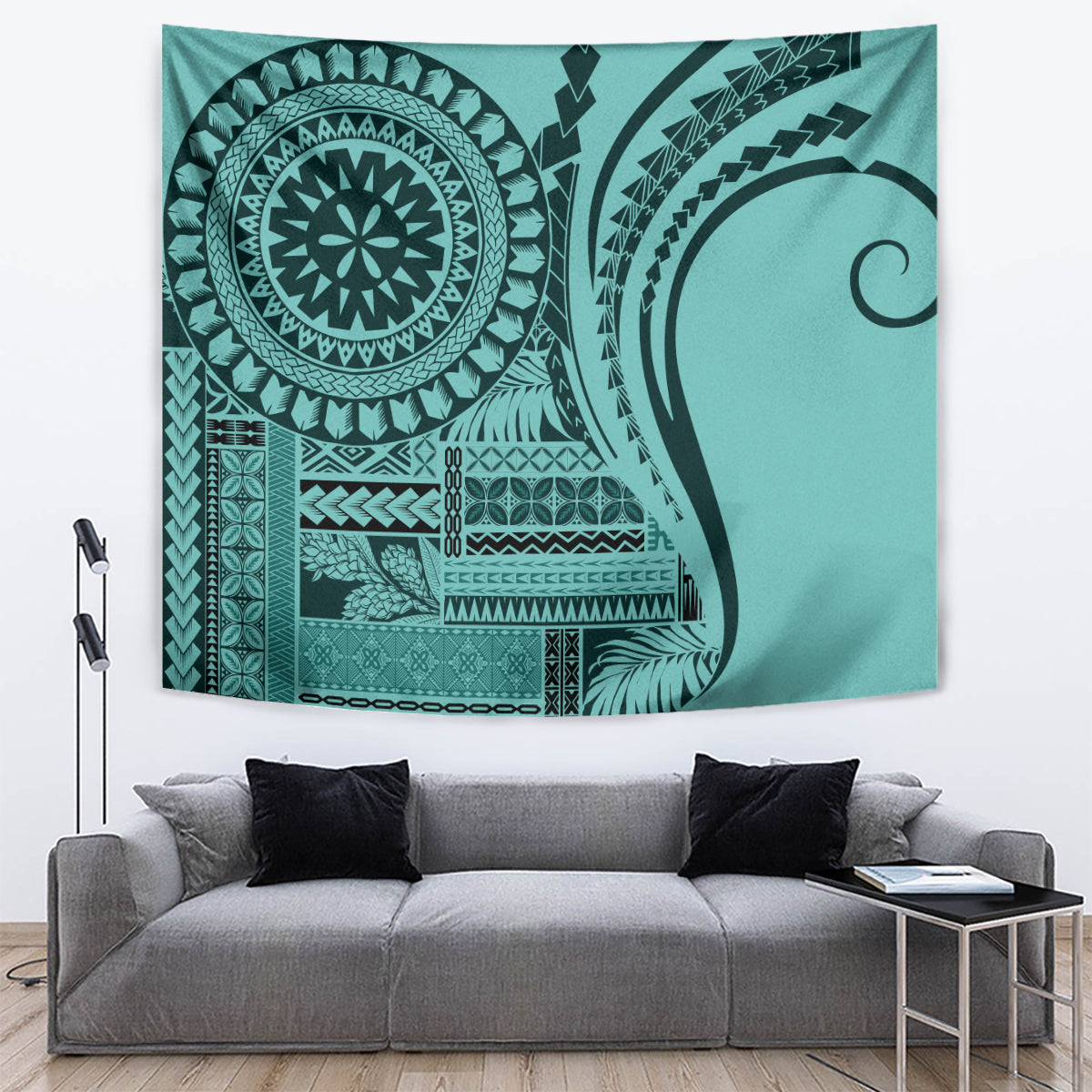 Turquoise Samoan siapo tapestry wall hanging with teal tones, circular stamp-like design, and stripes.