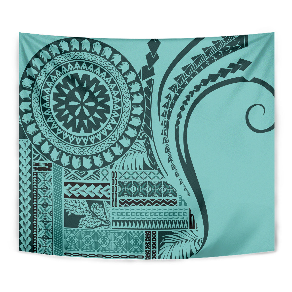Turquoise siapo tapestry with detailed circular emblem and geometric tribal pattern in dark teal.