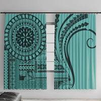 Turquoise window curtain pair with bold tribal circular mandala print and coordinating pattern panels