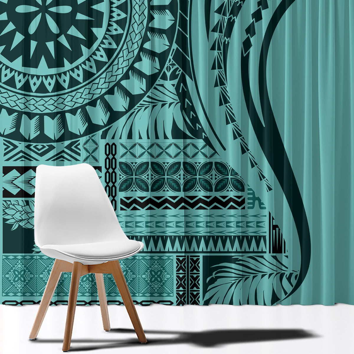 Turquoise window curtain close-up with dark mandala emblem and layered geometric borders