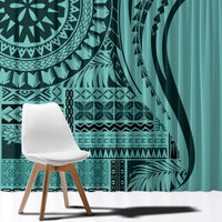 Turquoise window curtain close-up with dark mandala emblem and layered geometric borders