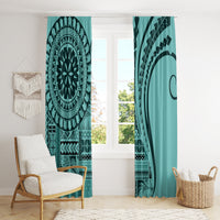 Turquoise window curtain pair with large circular mandala panel and solid turquoise drape