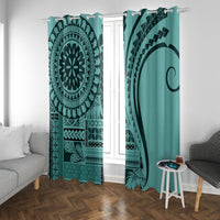 Turquoise window curtain pair with circular mandala print and matching geometric stripe details