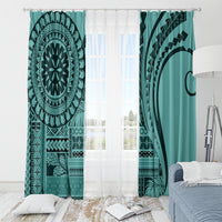 Turquoise window curtain set with mandala print left panel and solid right panel