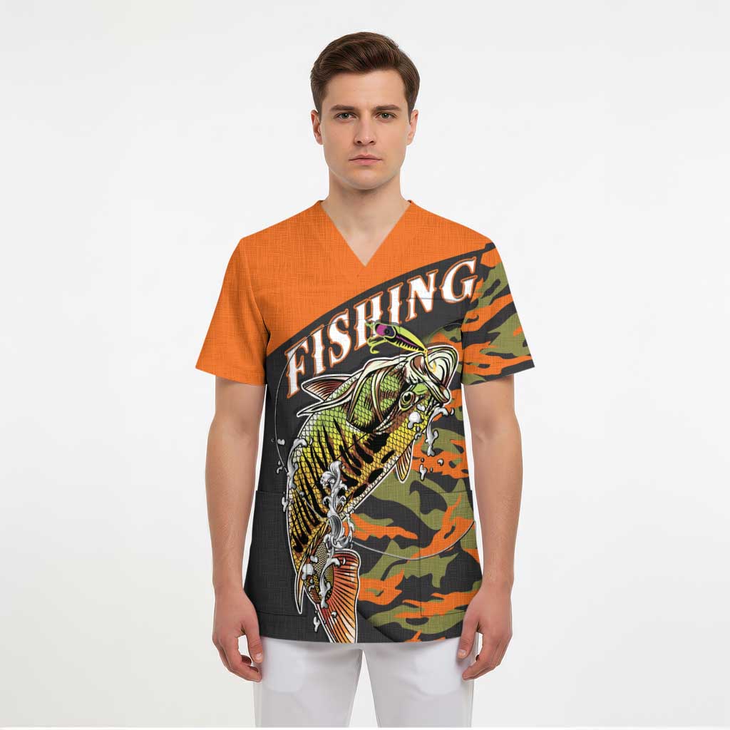 Bass Fishing Fisherman Scrub Top Camouflag Pattern - Wonder Print Shop