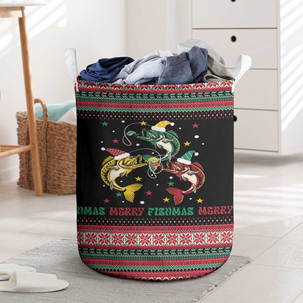 Funny Fishmas Bass Laundry Basket Christmas Santa Hat Lights - Wonder Print Shop