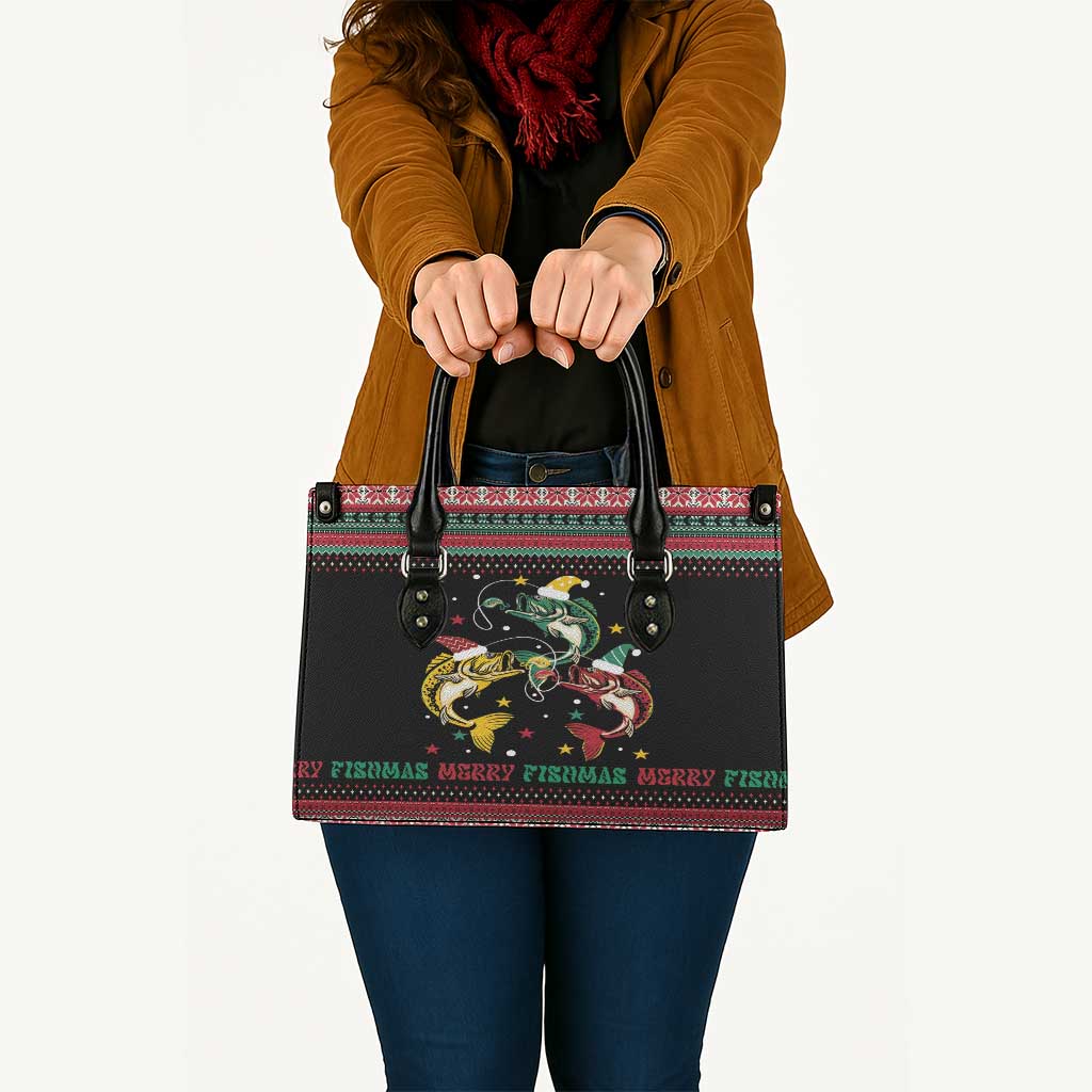 Funny Fishmas Bass Leather Bag Christmas Santa Hat Lights - Wonder Print Shop