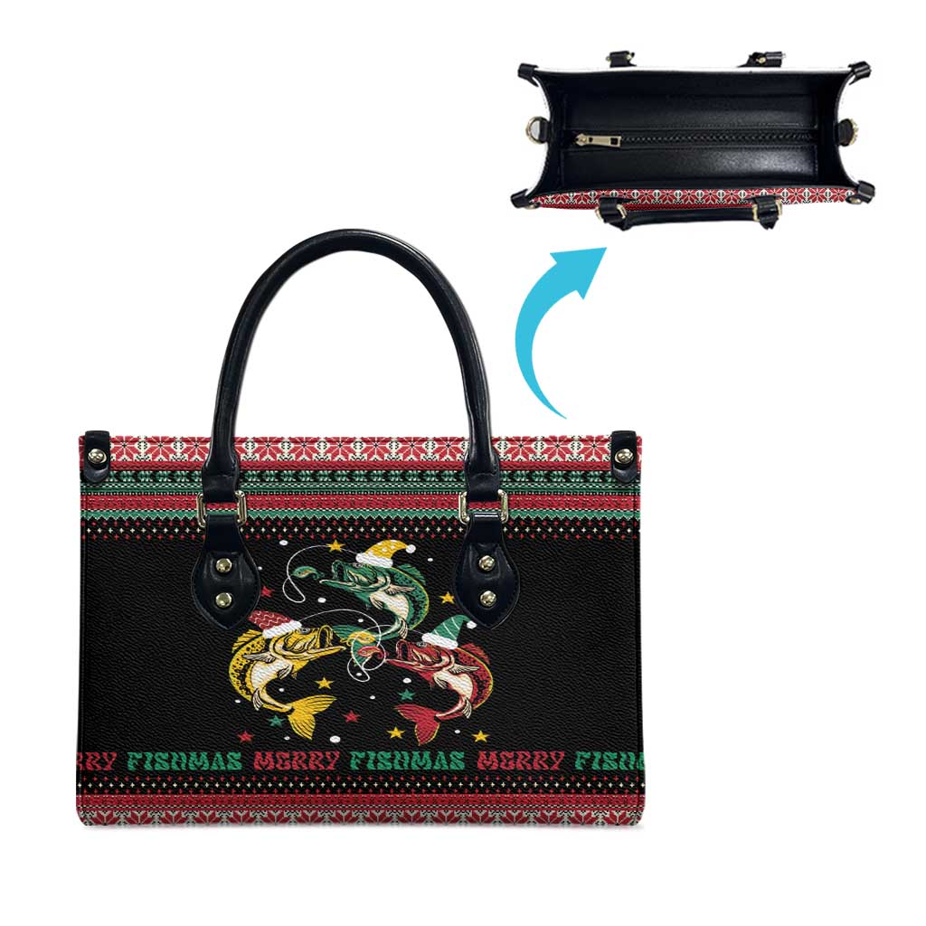 Funny Fishmas Bass Leather Bag Christmas Santa Hat Lights - Wonder Print Shop