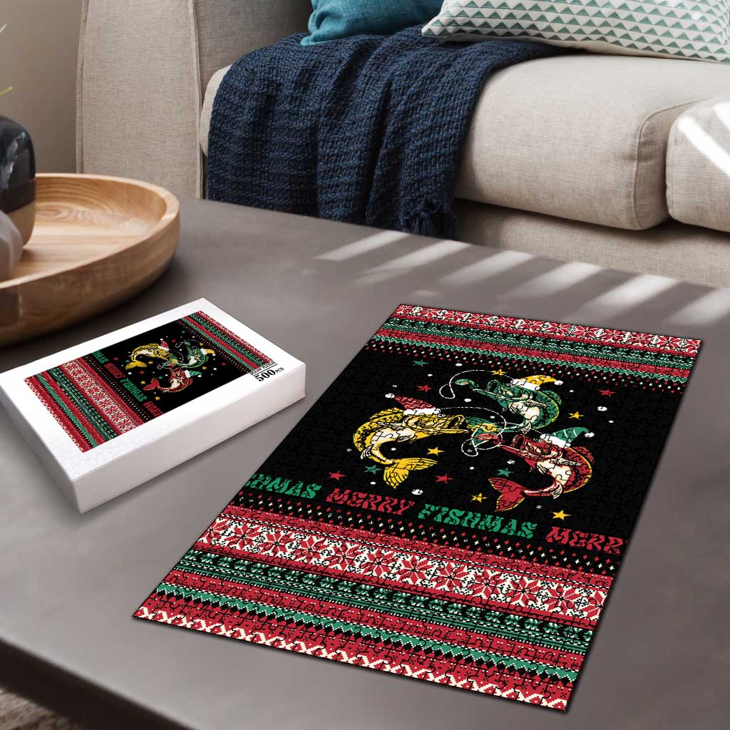 Funny Fishmas Bass Puzzle Christmas Santa Hat Lights - Wonder Print Shop