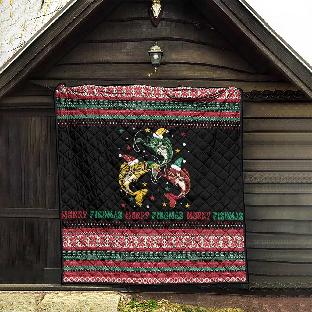 Funny Fishmas Bass Quilt Christmas Santa Hat Lights - Wonder Print Shop