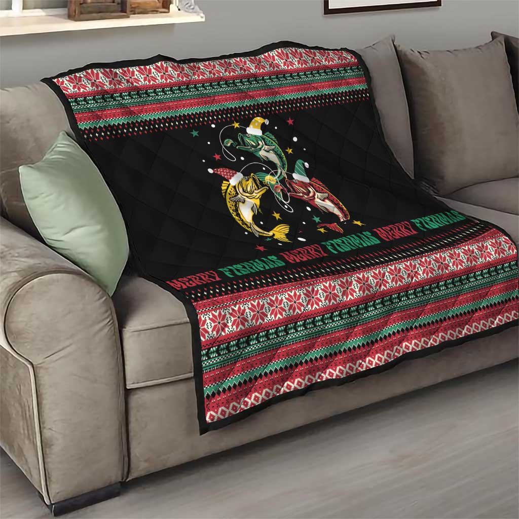 Funny Fishmas Bass Quilt Christmas Santa Hat Lights - Wonder Print Shop
