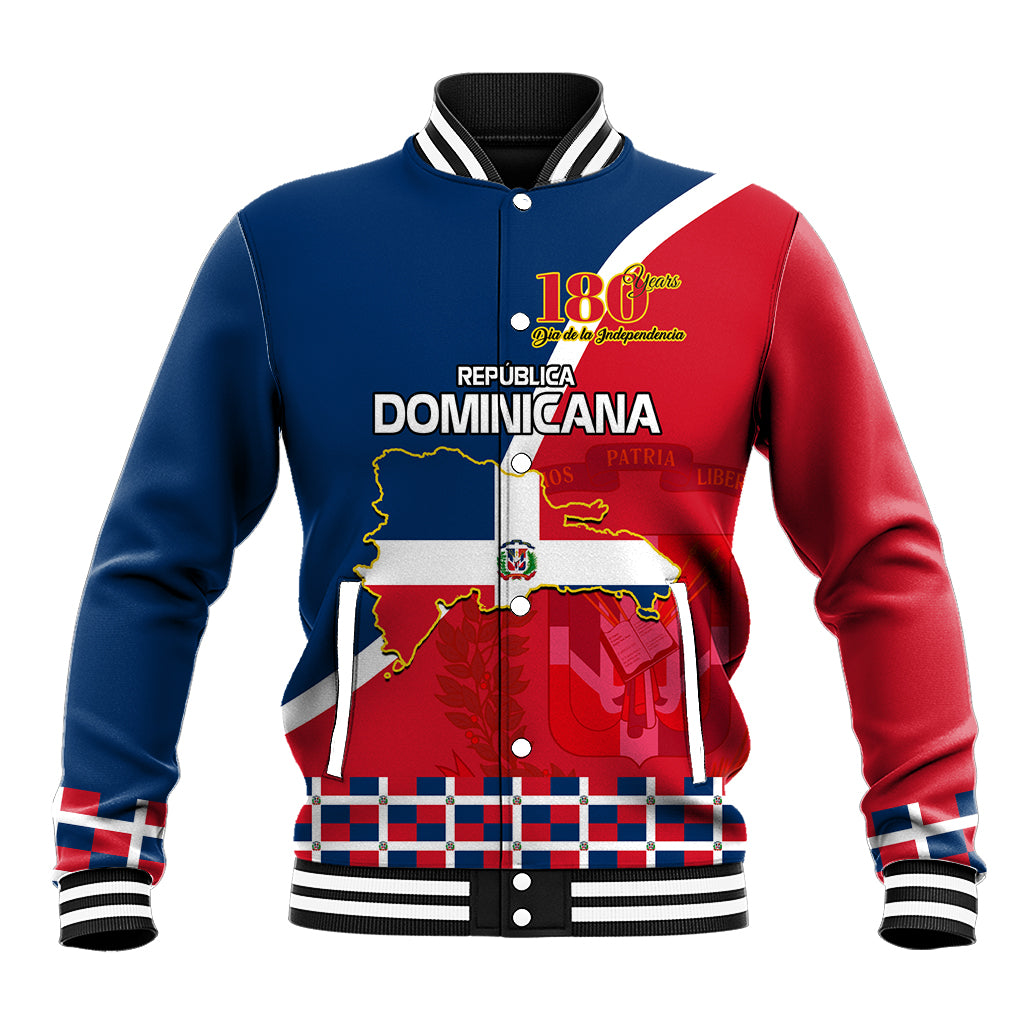 Blue-and-red baseball jacket with striped collar, button front, large '180' graphic.