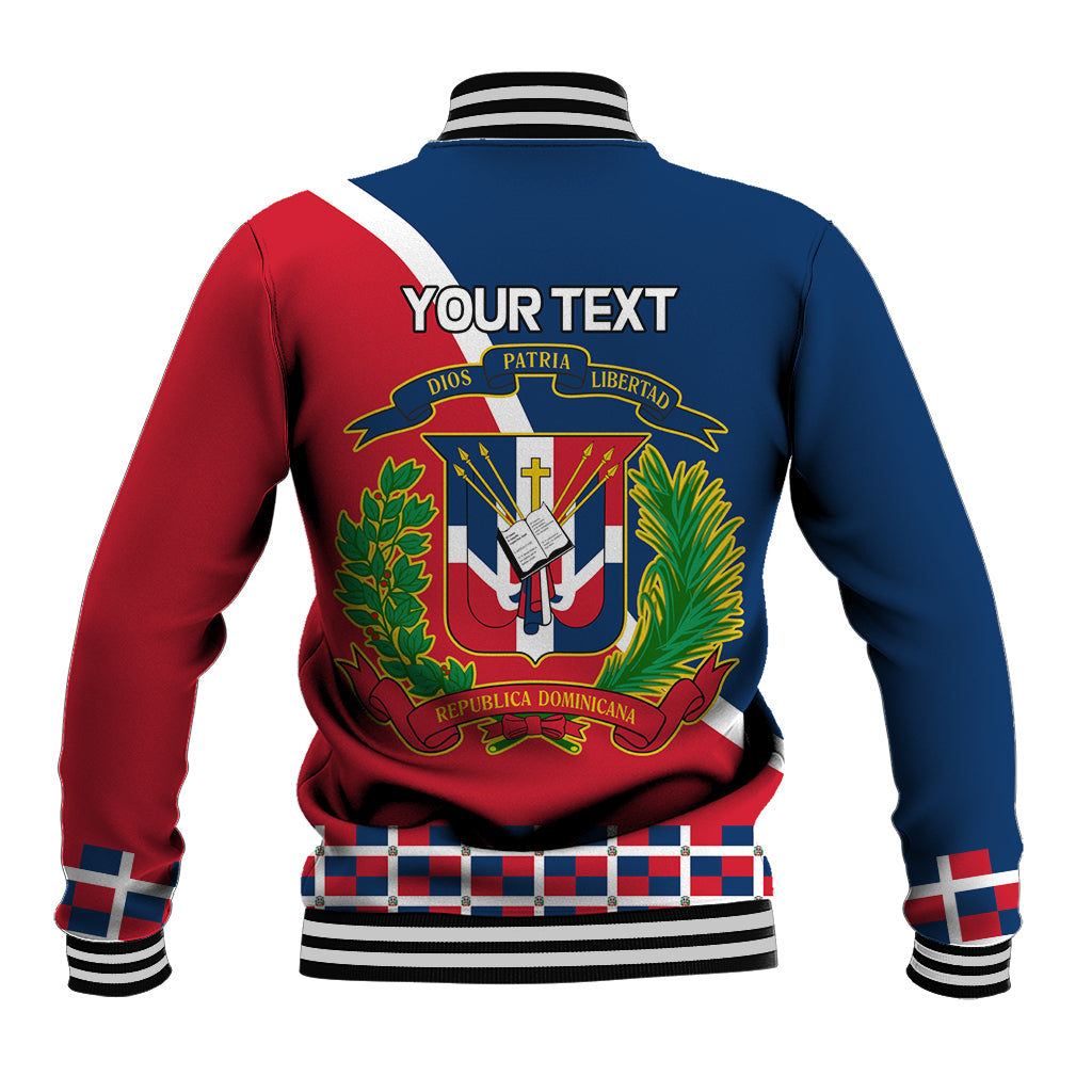Blue-and-red baseball jacket back with striped collar and cuffs, 'YOUR TEXT' and crest.
