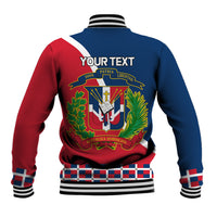 Blue-and-red baseball jacket back with striped collar and cuffs, 'YOUR TEXT' and crest.