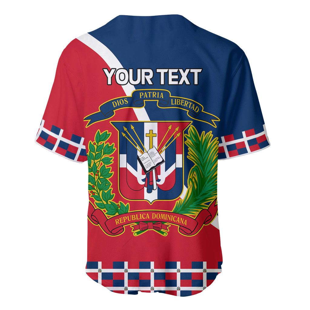 Back of blue and red baseball jersey with crest and 'YOUR TEXT' on upper back