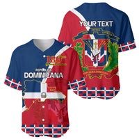 Front and back Dominican baseball jersey set, blue/red with crest and checkered sleeves