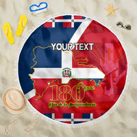 Round Dominican Independence beach blanket, YOUR TEXT, 180 Years graphic, white fringe