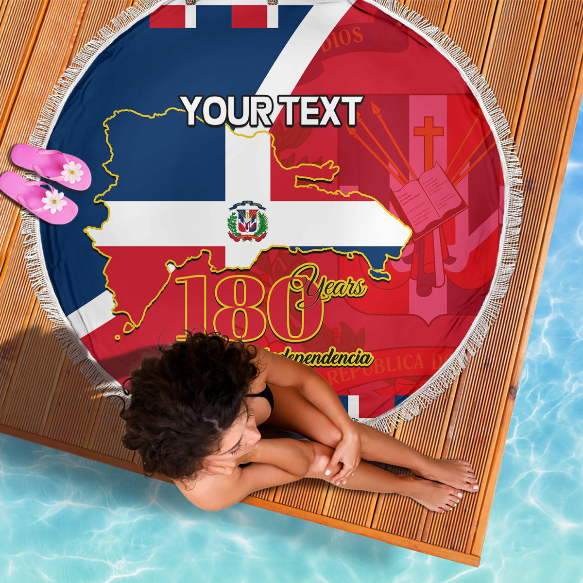 Round beach blanket with Dominican flag colors, 180 Years YOUR TEXT, white fringe