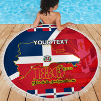 Round beach blanket with Dominican flag map, 180 Years YOUR TEXT, white fringe border